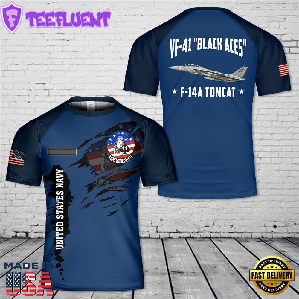 Custom Name US Navy F-14A Tomcat Of VF-41 Black Aces T-Shirt 3D