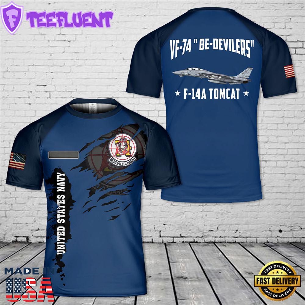 Custom Name US Navy F-14A Tomcat Of VF-74 Be-Devilers T-Shirt 3D