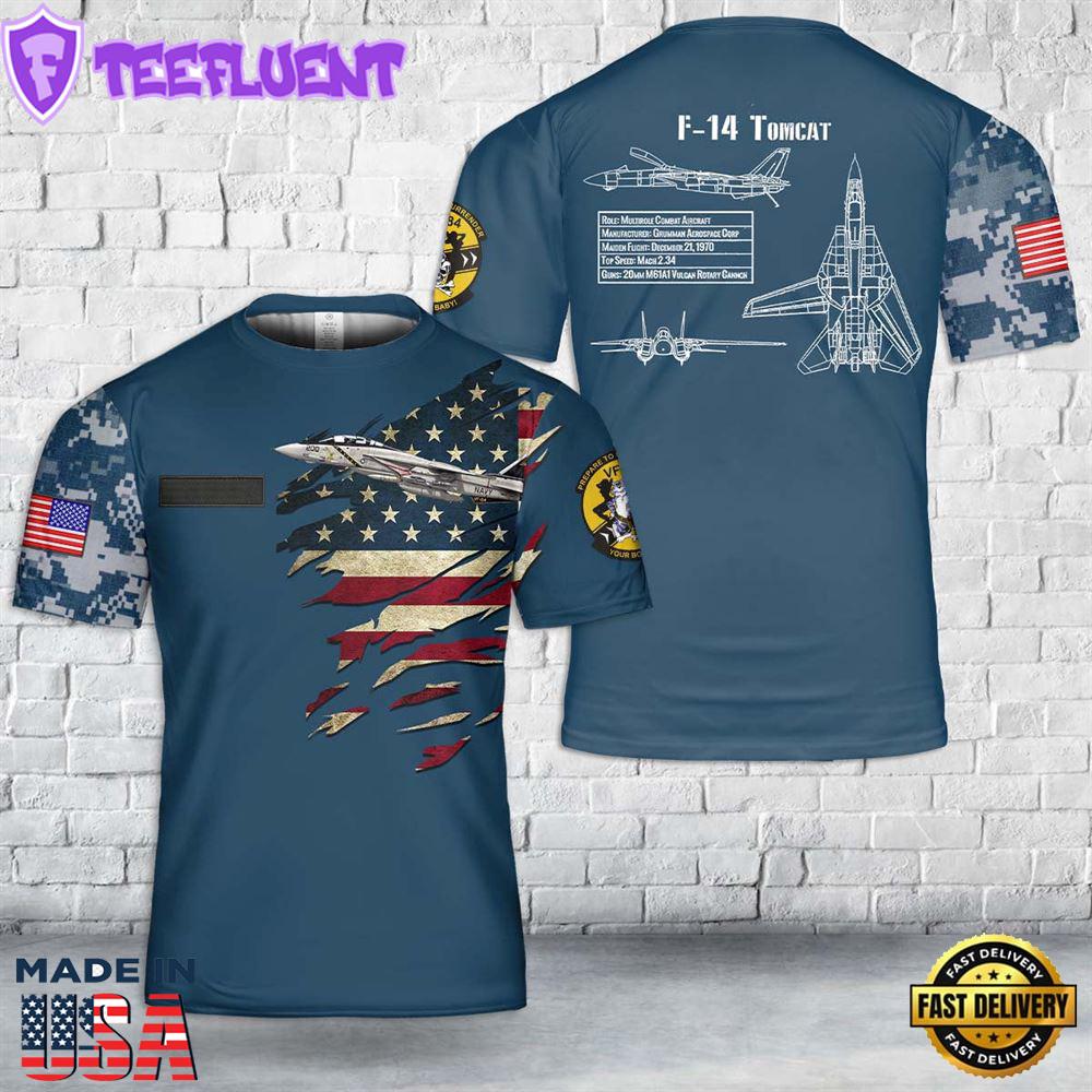 Custom Name US Navy F-14A Tomcat Of VF-84 Jolly Rogers T-Shirt 3D 1