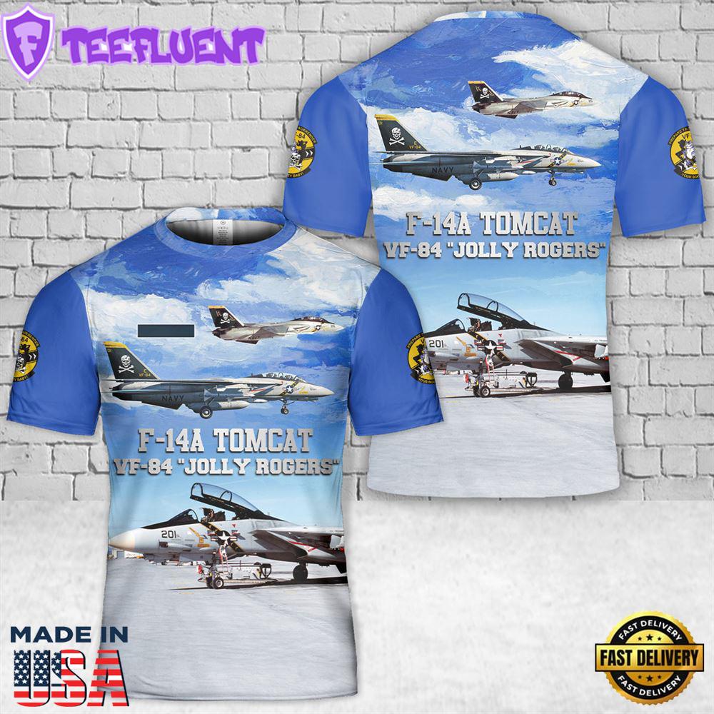 Custom Name US Navy F-14A Tomcat Of VF-84 Jolly Rogers T-Shirt 3D 2