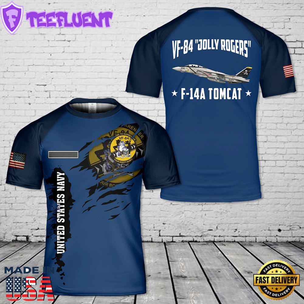 Custom Name US Navy F-14A Tomcat Of VF-84 Jolly Rogers T-Shirt 3D 3