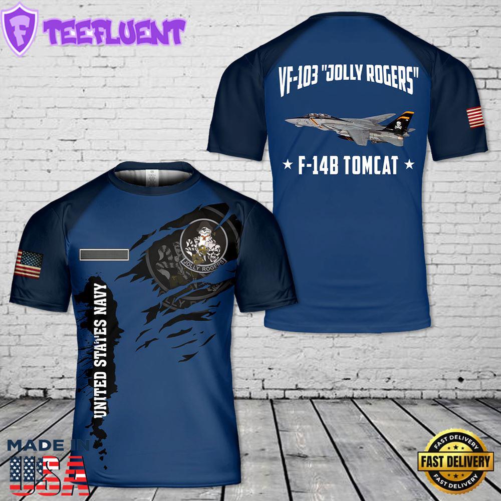 Custom Name US Navy F-14B Tomcat Of VF-103 Jolly Rogers T-Shirt 3D