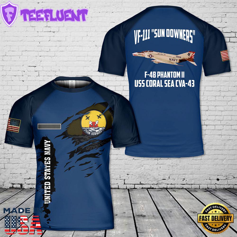 Custom Name US Navy F-4B Phantom II of VF-111 Sundowners T-Shirt 3D