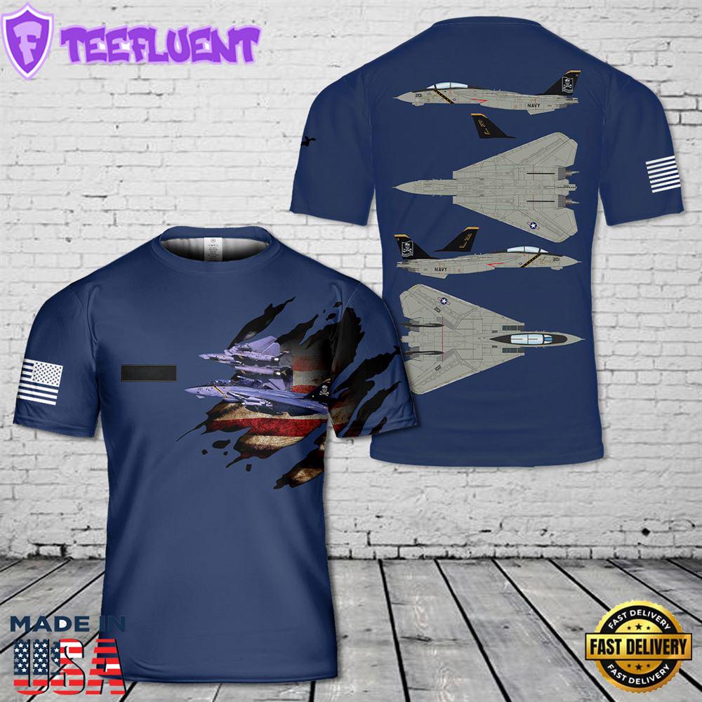 Custom Name US Navy Grumman F-14A Tomcat of VF-84 Jolly Rogers T-Shirt 3D