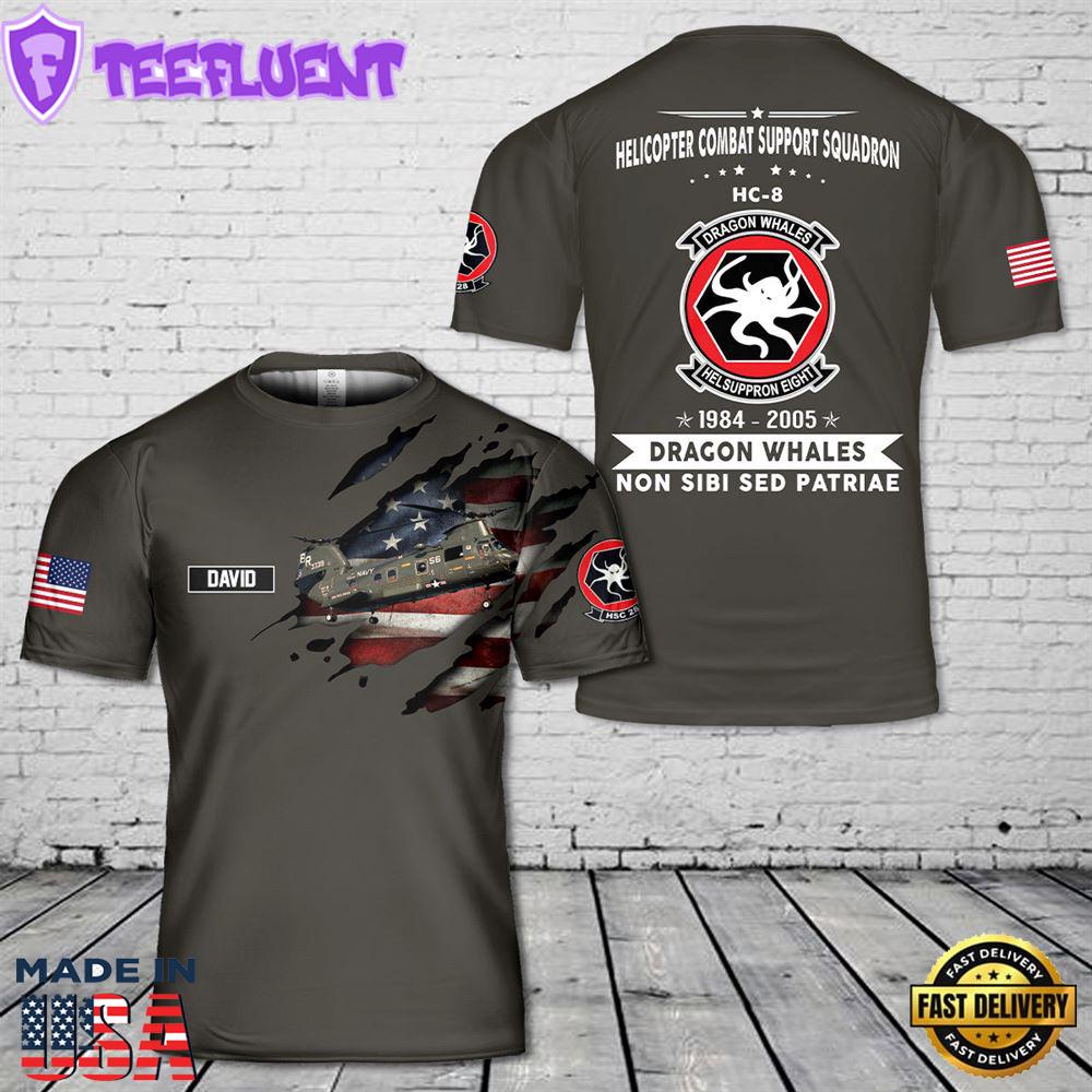 Custom Name US Navy Helicopter Combat Support Squadron 8 Dragon Whales 3D T-Shirt
