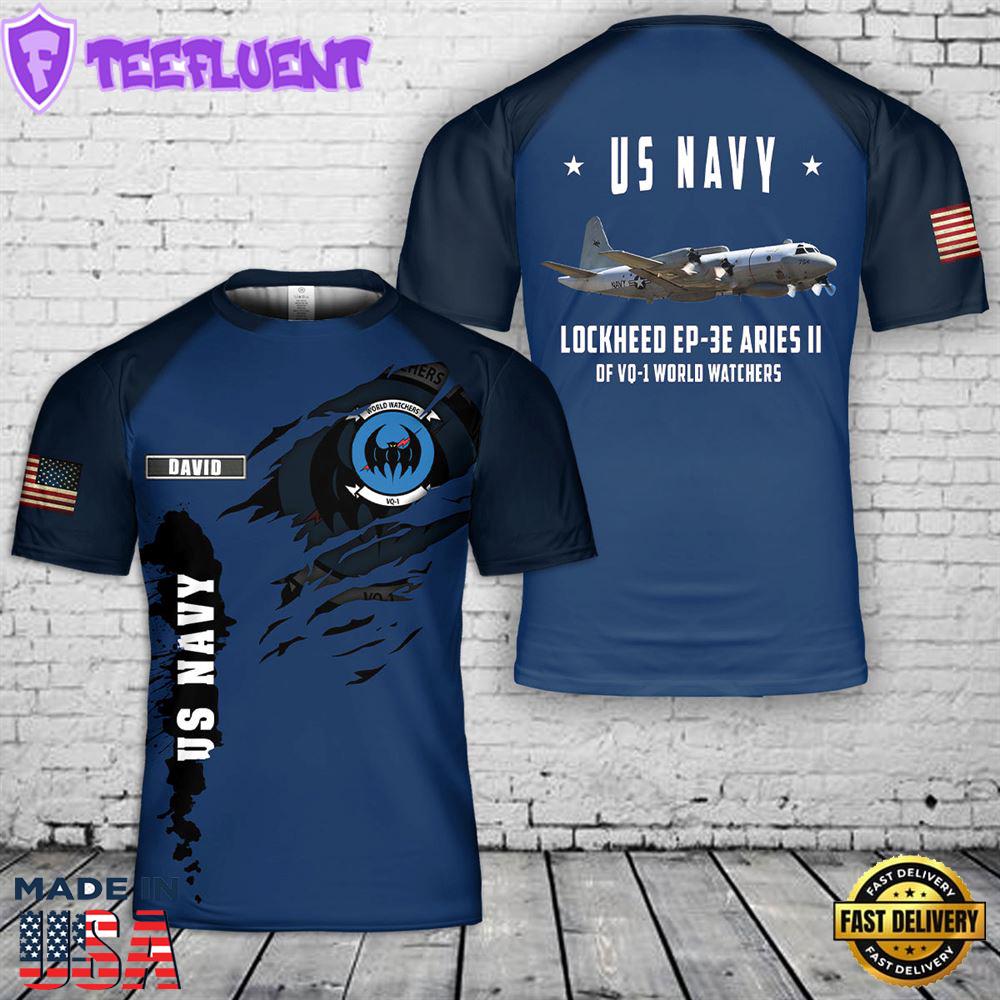 Custom Name US Navy Lockheed EP-3E ARIES II of VQ-1 World Watchers 3D T-Shirt