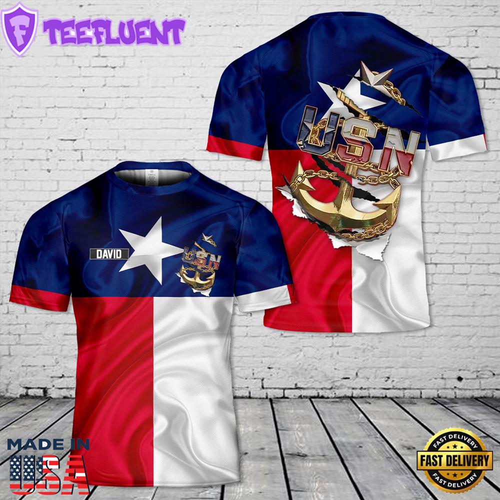 Custom Name US Navy Master Chief Texas style anchor 3D T-shirt