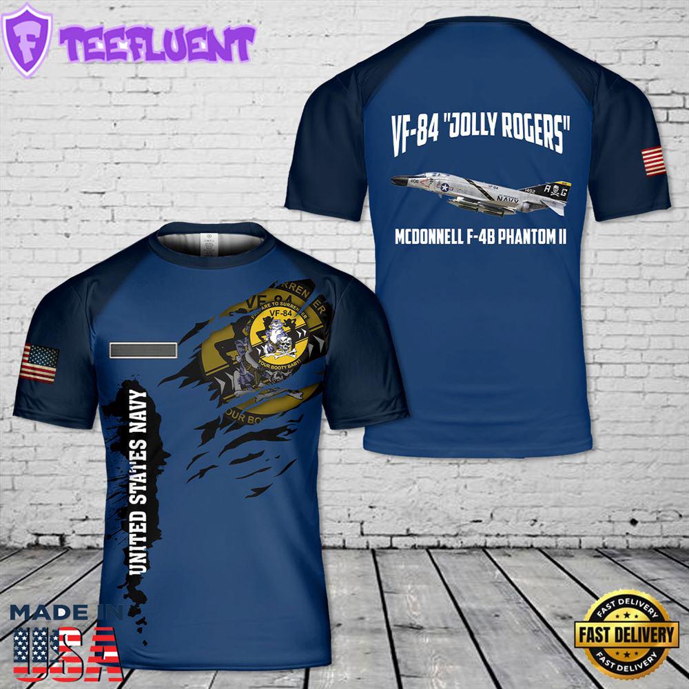 Custom Name US Navy McDonnell F-4B Phantom II Of VF-84 Jolly Rogers T-Shirt 3D