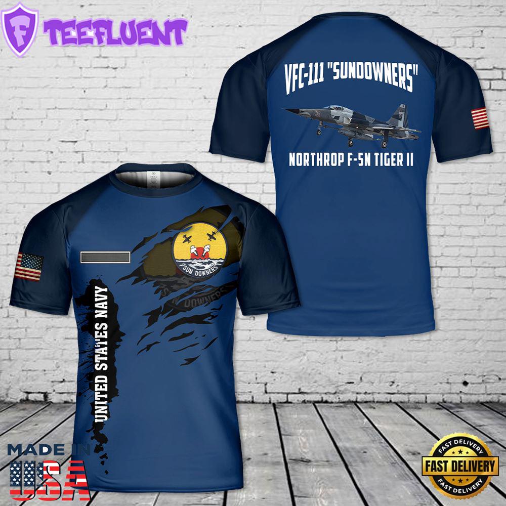 Custom Name US Navy Northrop F-5N Tiger II of VFC-111 Sundowners T-Shirt 3D
