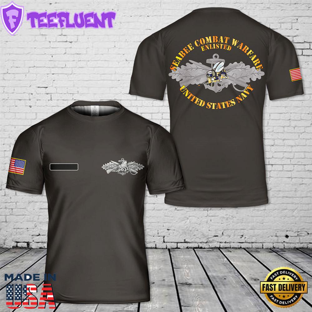 Custom Name US Navy Seabee Combat Warfare Enlisted Badge T-Shirt 3D