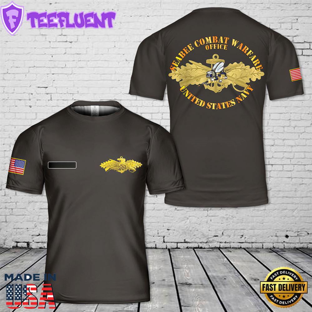 Custom Name US Navy Seabee Combat Warfare Office Badge T-Shirt 3D
