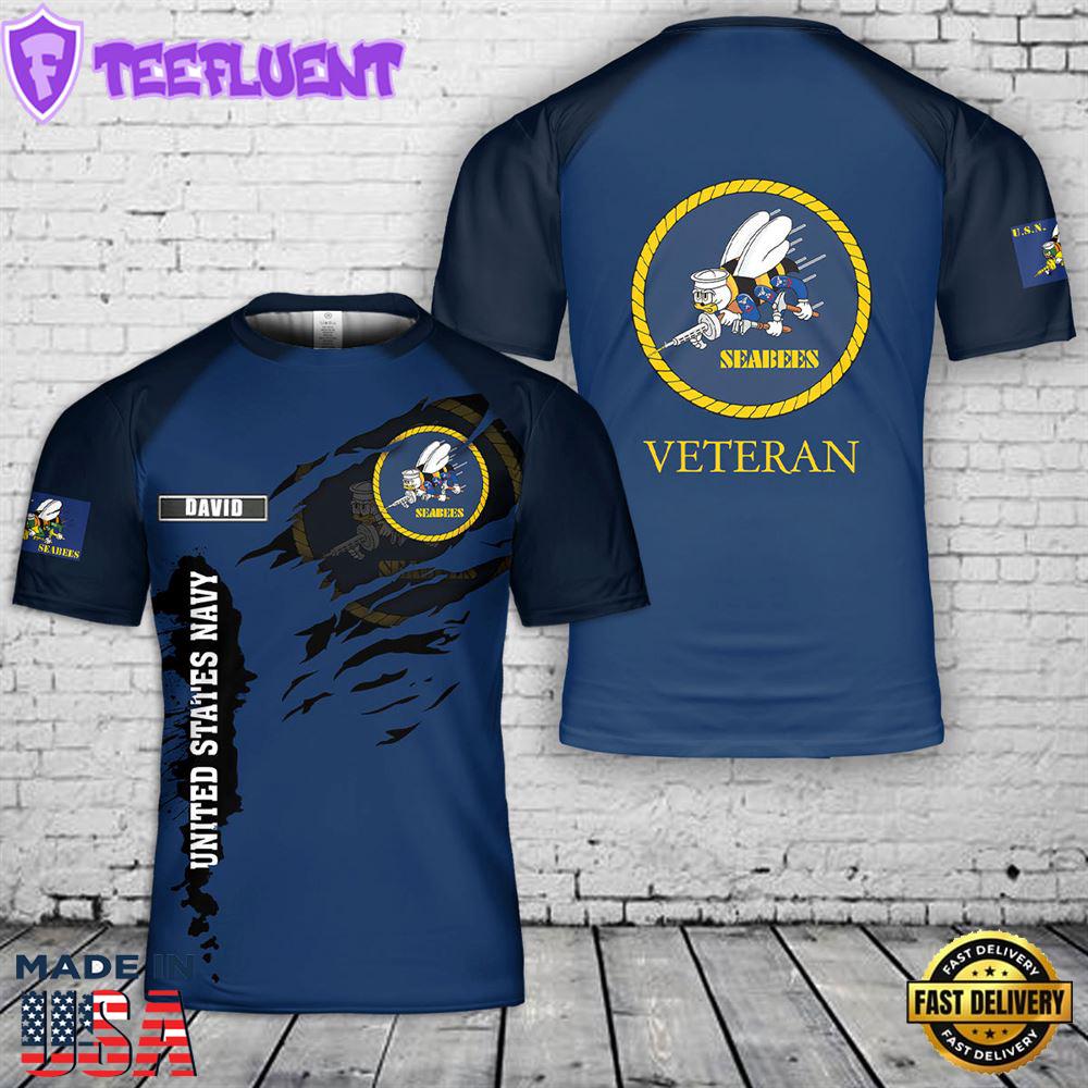 Custom Name US Navy SEABEES Naval Construction Force (NCF) Veteran 3D T-Shirt