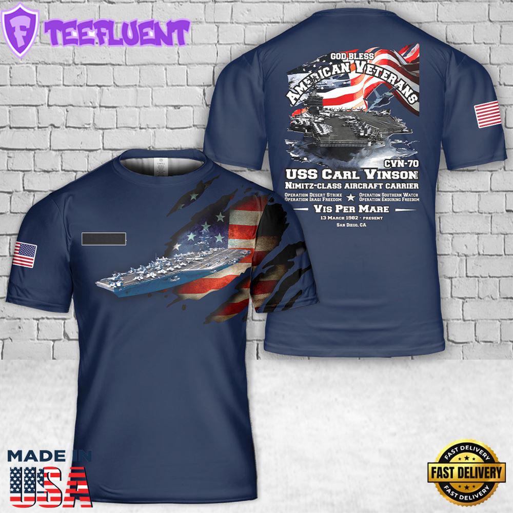 Custom Name US Navy USS Carl Vinson (CVN-70) Aircraft Carrier Veterans T-Shirt 3D