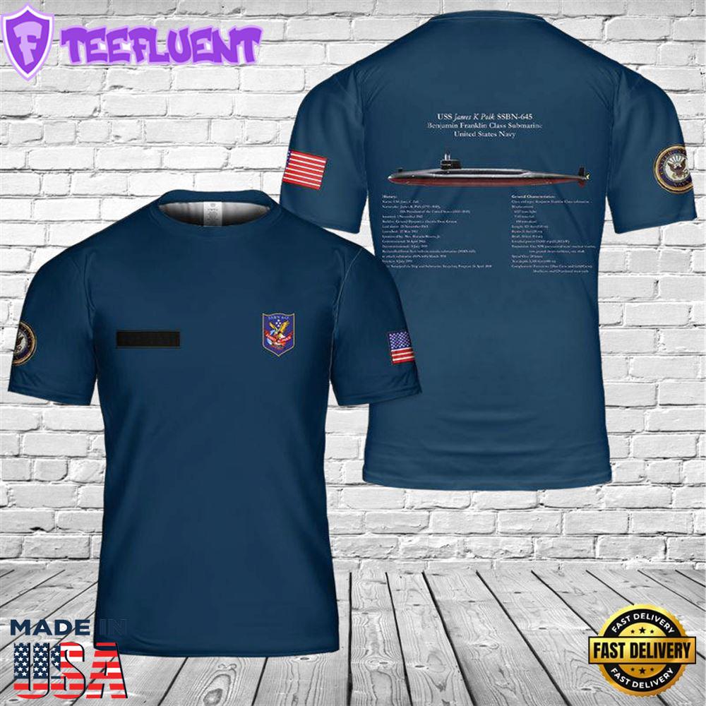 Custom Name US Navy USS James K Polk SSBN-645 3D T-shirt