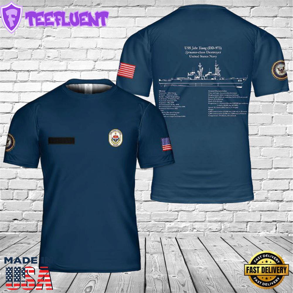 Custom Name US Navy USS John Young DD-973 Blueprint 3D T-shirt