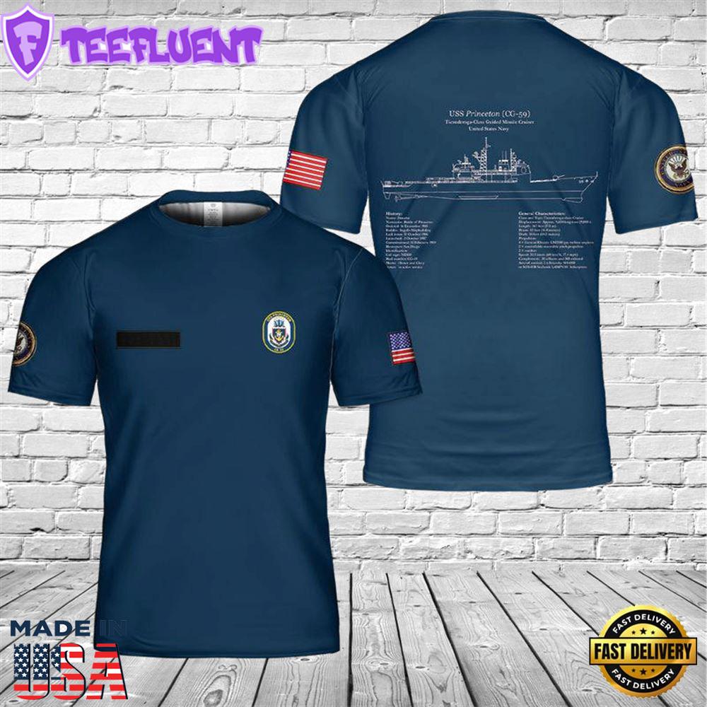Custom Name US Navy USS Princeton CG-59, Ticonderoga Class Cruiser 3D T-shirt