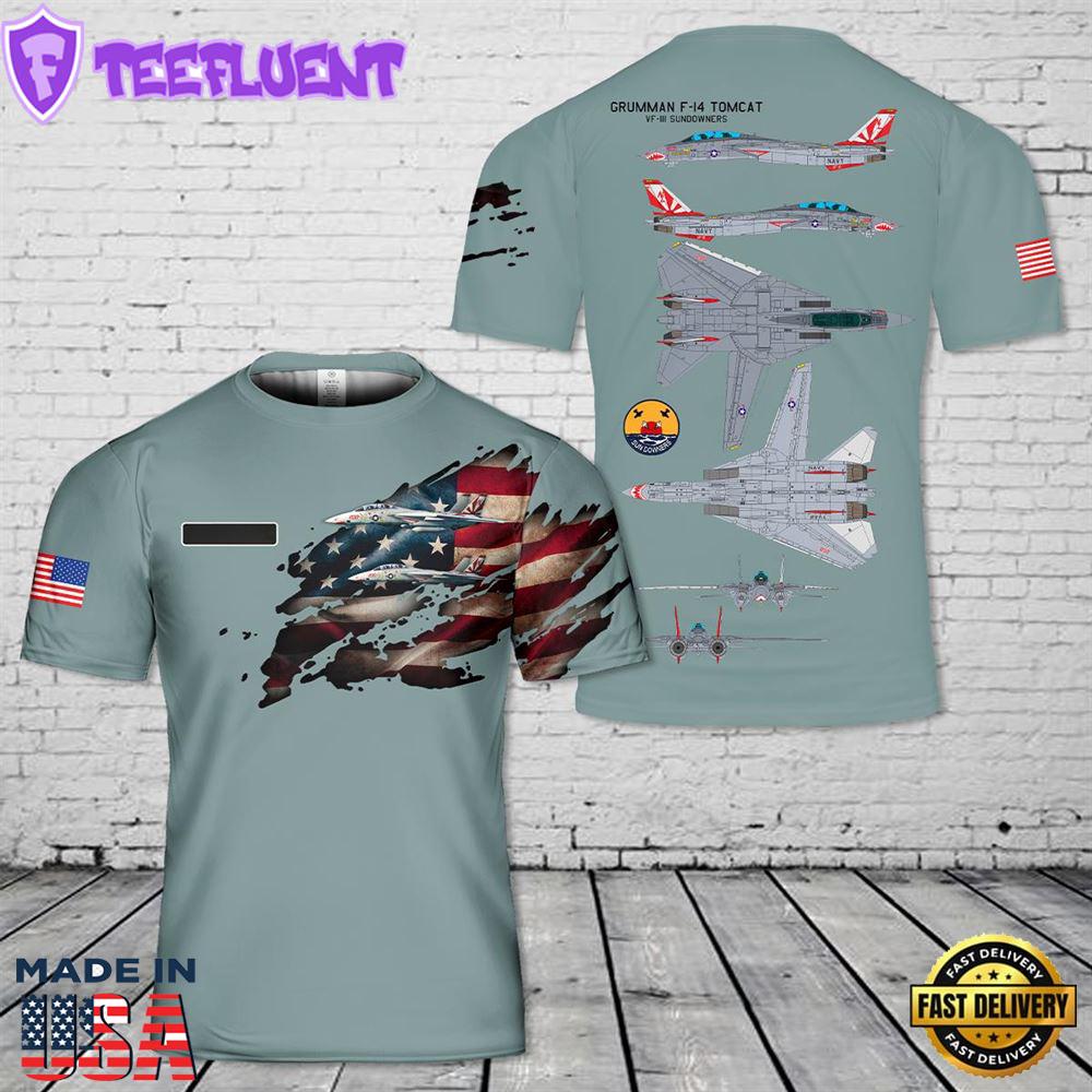 Custom Name US Navy VF-111 Sundowners Grumman F-14 Tomcat T-Shirt 3D