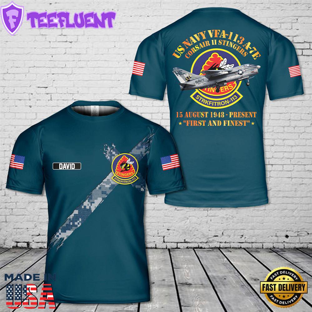 Custom Name US Navy VFA-113 A-7E Corsair II Stingers 3D T-Shirt