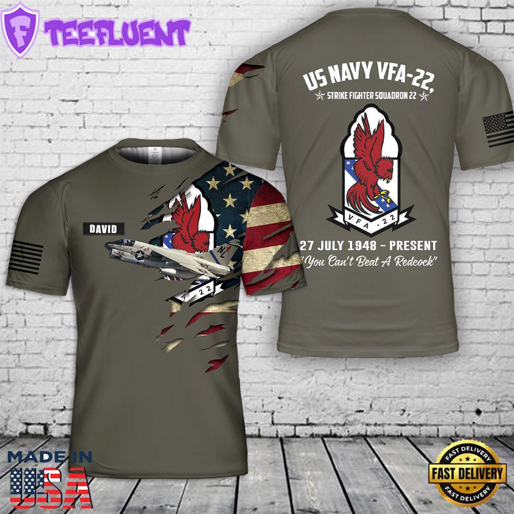 Custom Name US Navy VFA-22, Strike Fighter Squadron 22 Fighting Redcocks A-7E Corsair II aircraft 3D T-Shirt