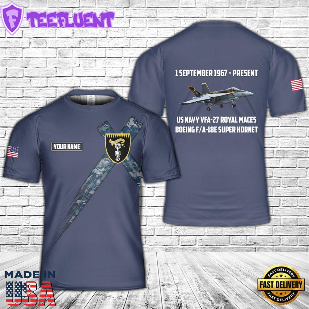 Custom Name US Navy VFA-27 Royal Maces Boeing F A-18E Super Hornet 3D T-Shirt
