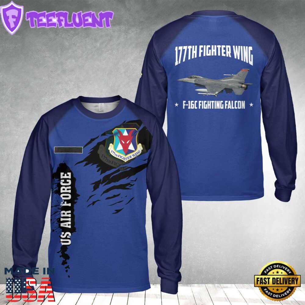 Custom Name US New Jersey Air National Guard 177th Fighter Wing F-16C Fighting Falcon AOP Long Sleeve Shirt