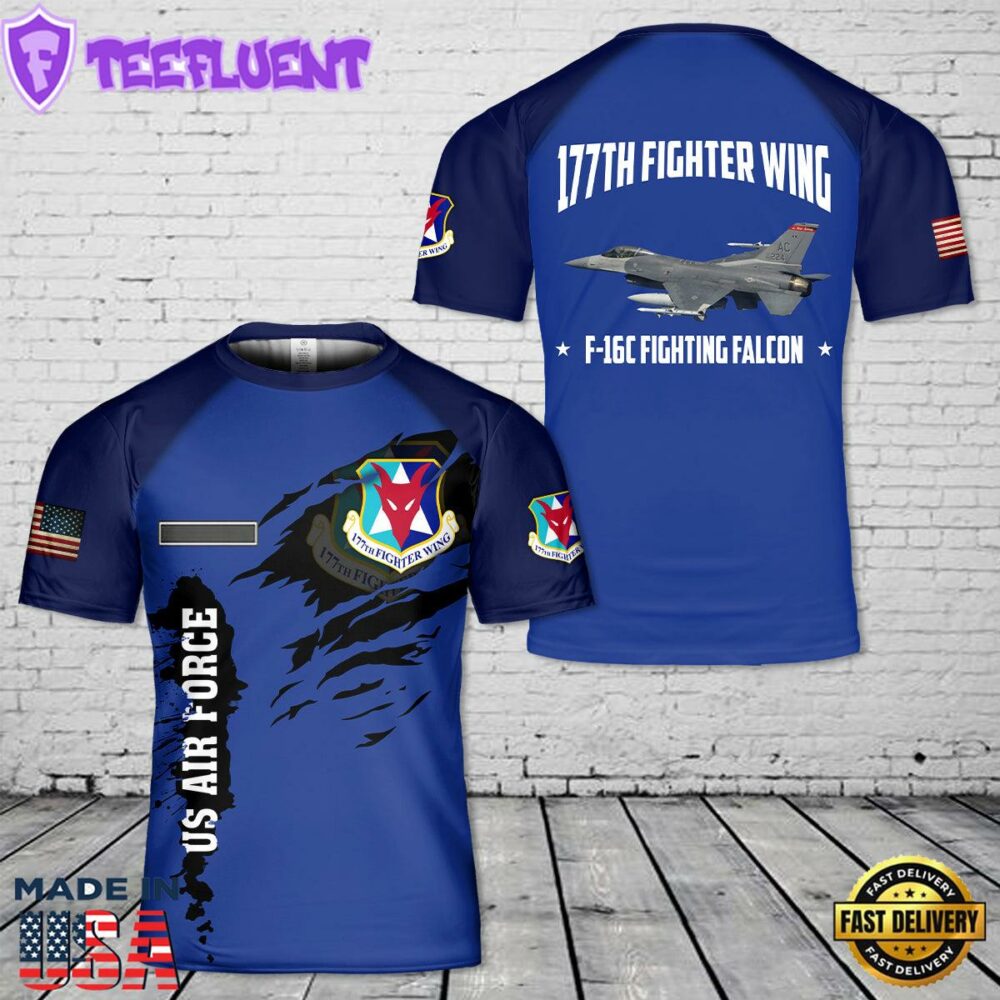 Custom Name US New Jersey Air National Guard 177th Fighter Wing F-16C Fighting Falcon T-Shirt 3D
