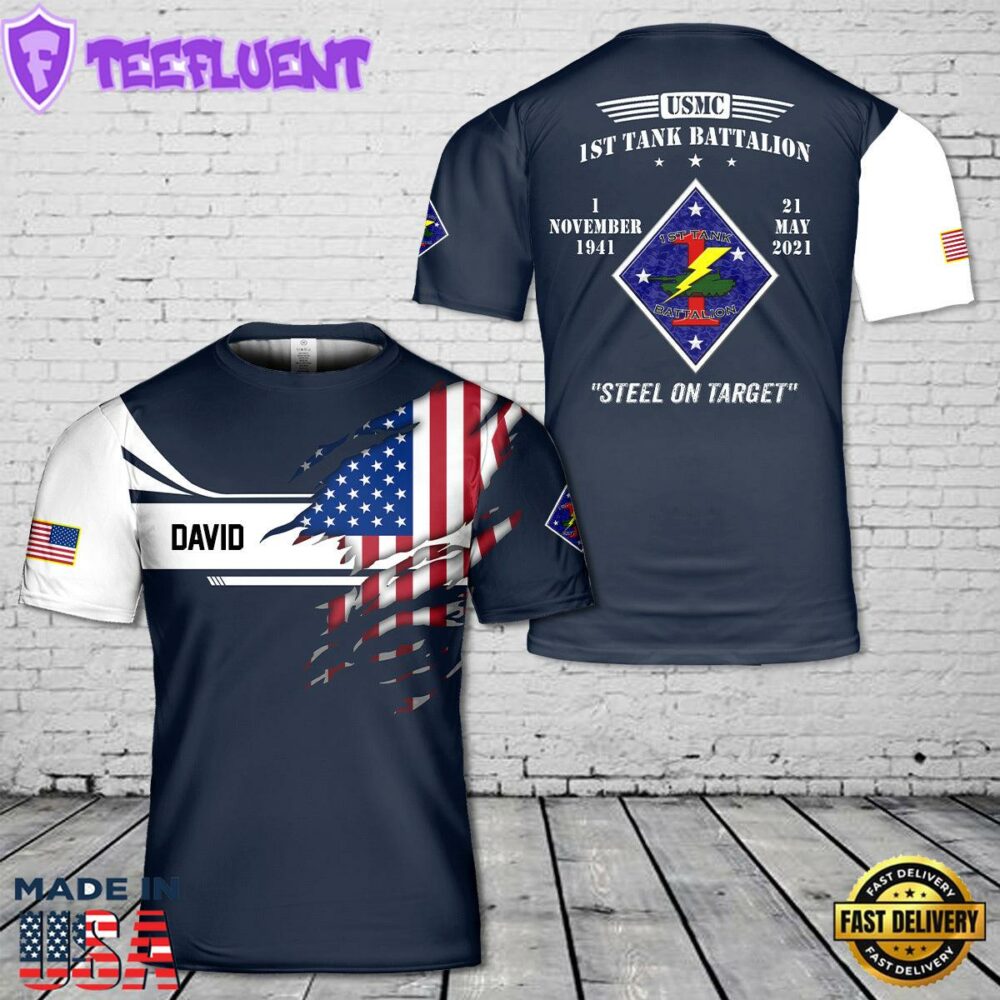 Custom Name USMC 1st Tank Battalion 3D T-Shirt
