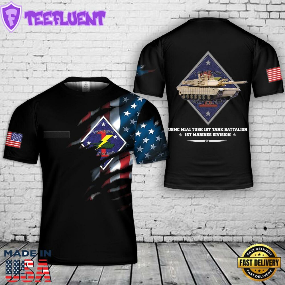 Custom Name USMC M1A1 TUSK 1st Tank Battalion, 1st Marines Division 3D T-Shirt