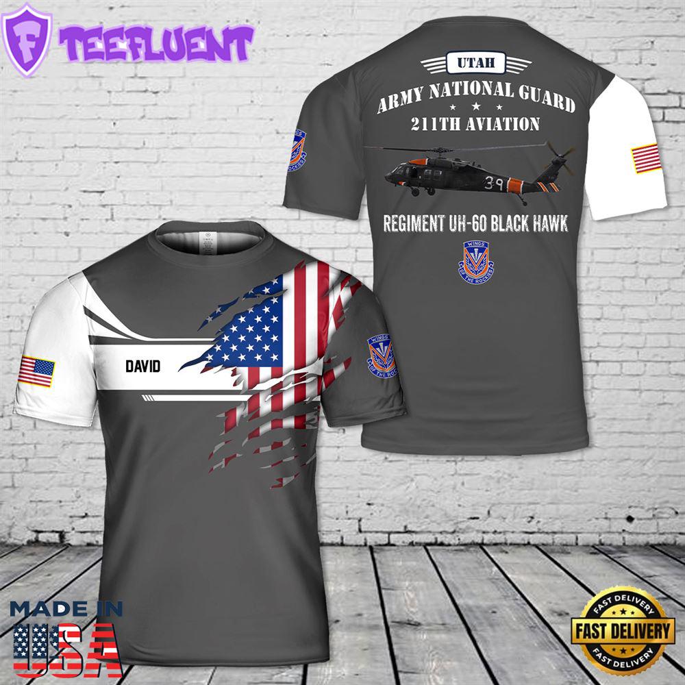 Custom Name Utah Army National Guard 211th Aviation Regiment UH-60 Black Hawk 3D T-shirt