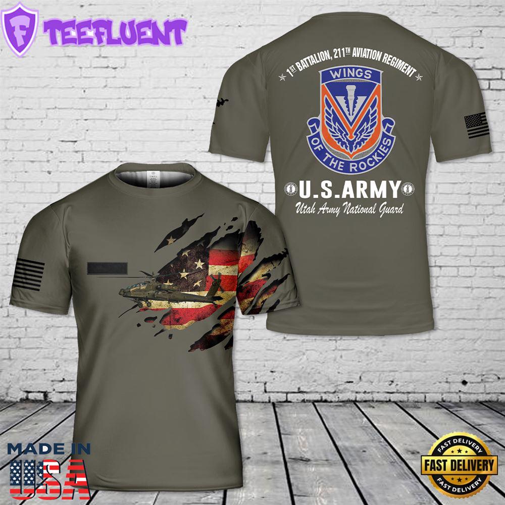 Custom Name Utah Army National Guard Battalion 211th Aviation Regiment 1st AH-64 Apache helicopter T-Shirt 3D