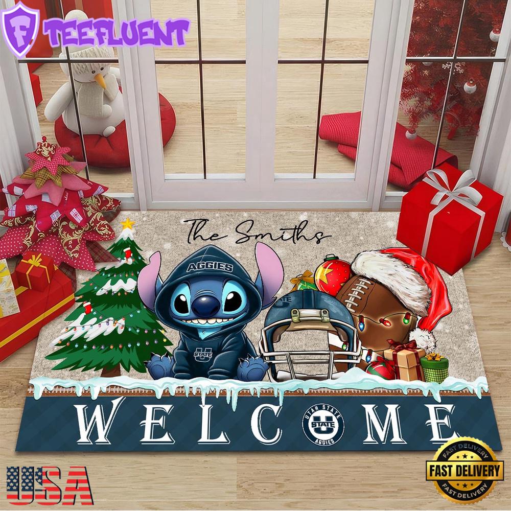Custom Name Utah State Aggies Cute Stitch Welcome Christmas Doormat