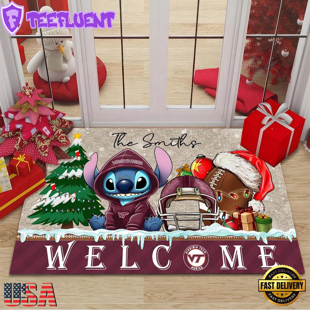 Custom Name Virginia Tech Hokies Cute Stitch Welcome Christmas Doormat