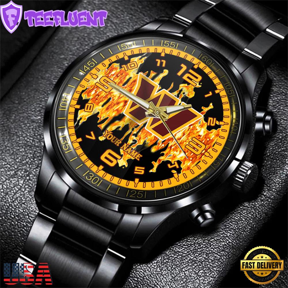 Custom Name Washington Commanders NFL 3D Men Black Stainless Steel Watch Gift For Fans