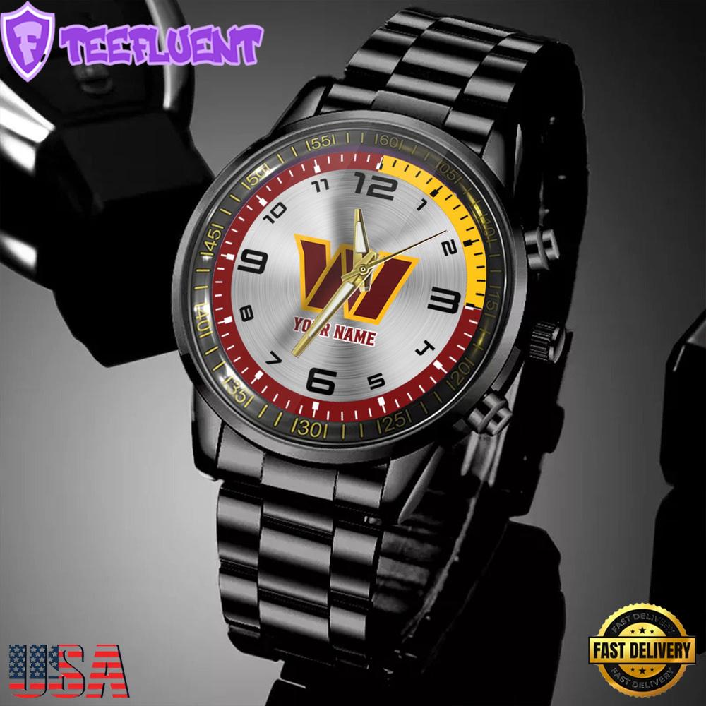 Custom Name Washington Commanders NFL Black Stainless Steel Watch Gifts For Fans