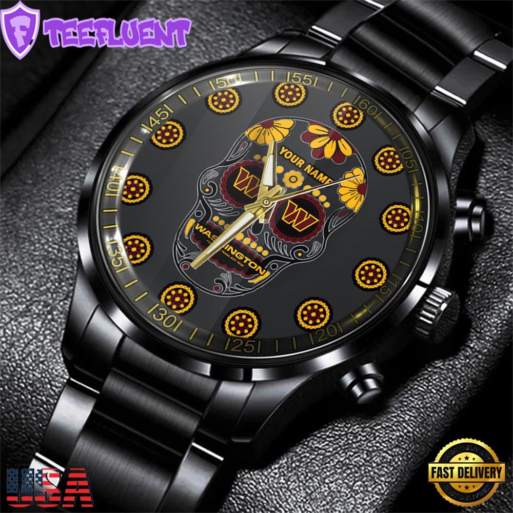 Custom Name Washington Commanders NFL Men Black Stainless Steel Watch Gift For Fans