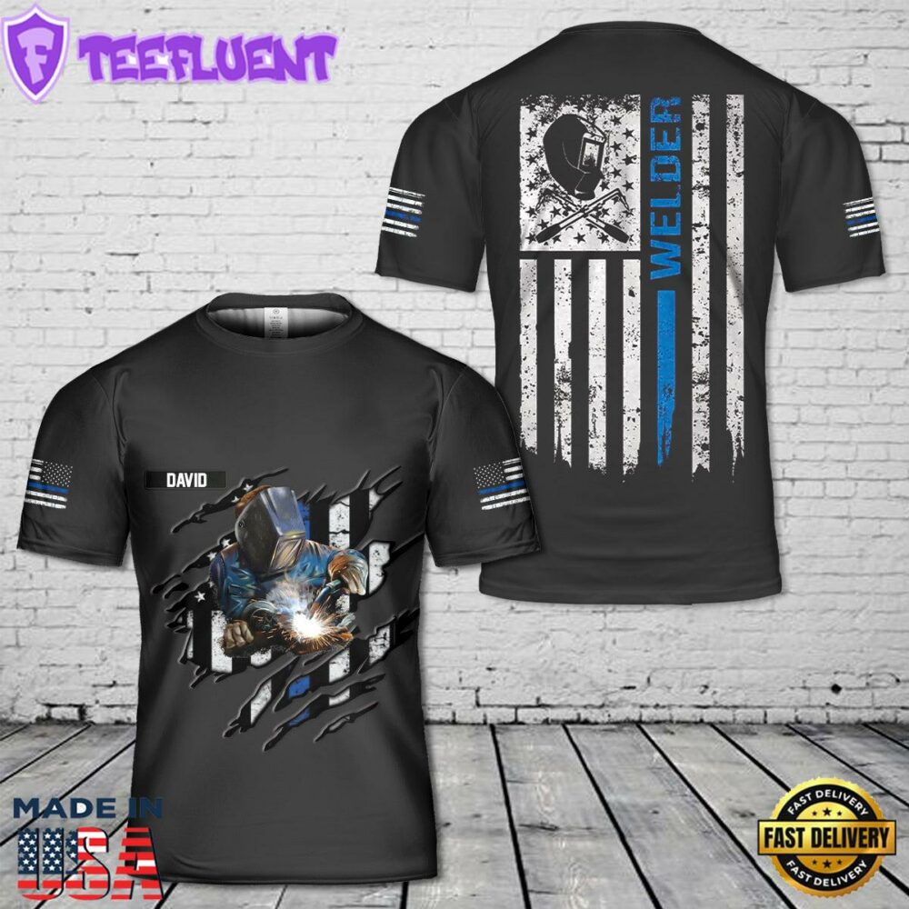 Custom Name Welder Thin Blue Line Flag 3D T-Shirt