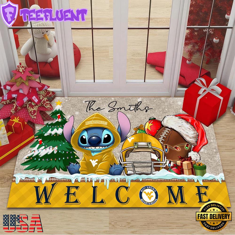 Custom Name West Virginia Mountaineers Cute Stitch Welcome Christmas Doormat