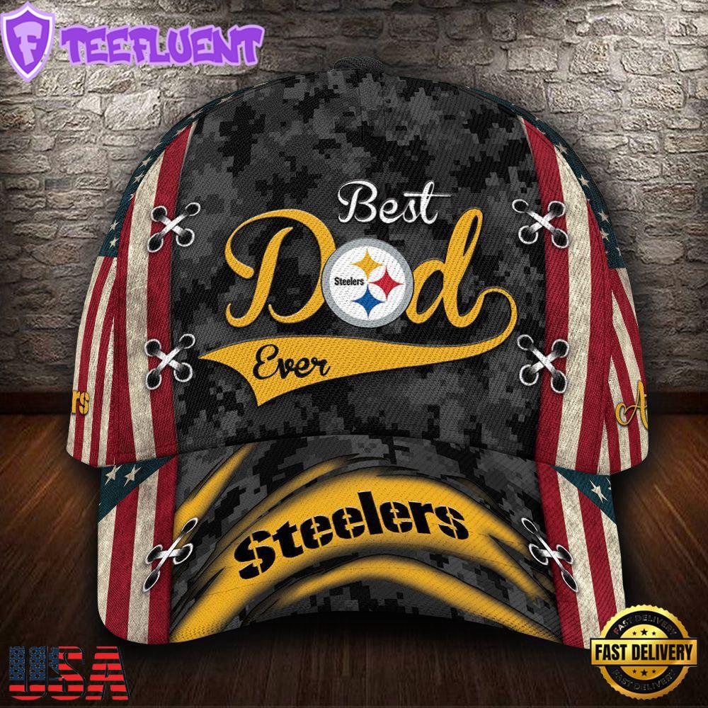 Custom NFL Pittsburgh Steelers Best Dad USA Flag All Over Print 3D Baseball Cap
