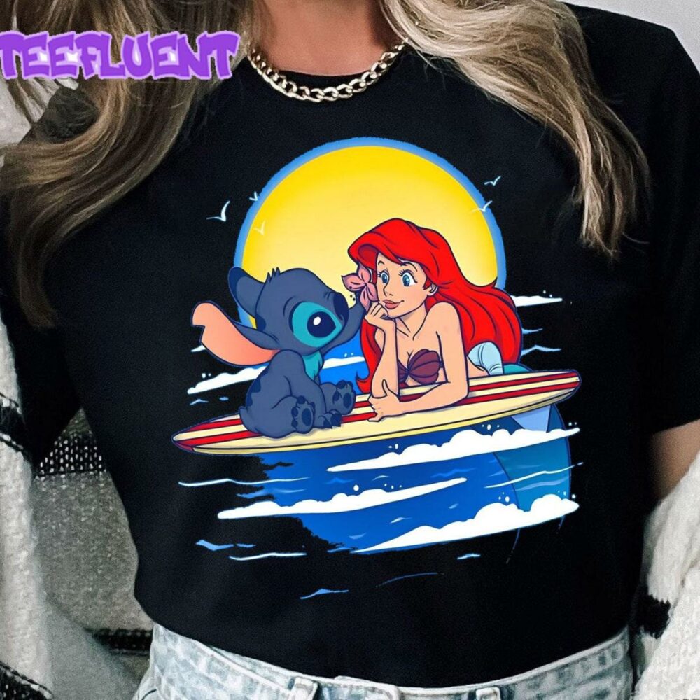 Cute Disney Stitch and Ariel T-Shirt Little Mermaid Princess Tee Disneyland WDW Outfits