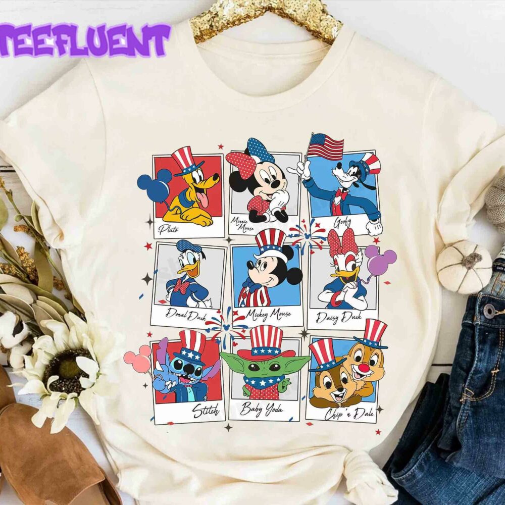 Cute Mickey and Friends Stitch Baby Yoda Chip 'n Dale Take Photos 4th Of July Shirt Disney Happy Independence Day WDW Disneyland Family Vacation Gift