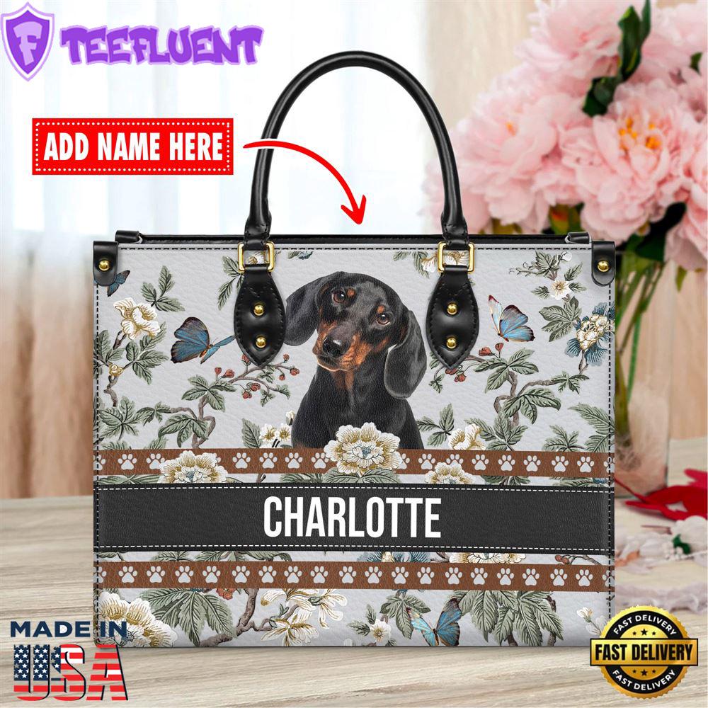 Dachshund Dog Bior Leather Handbag With Flowers And Butterfly
