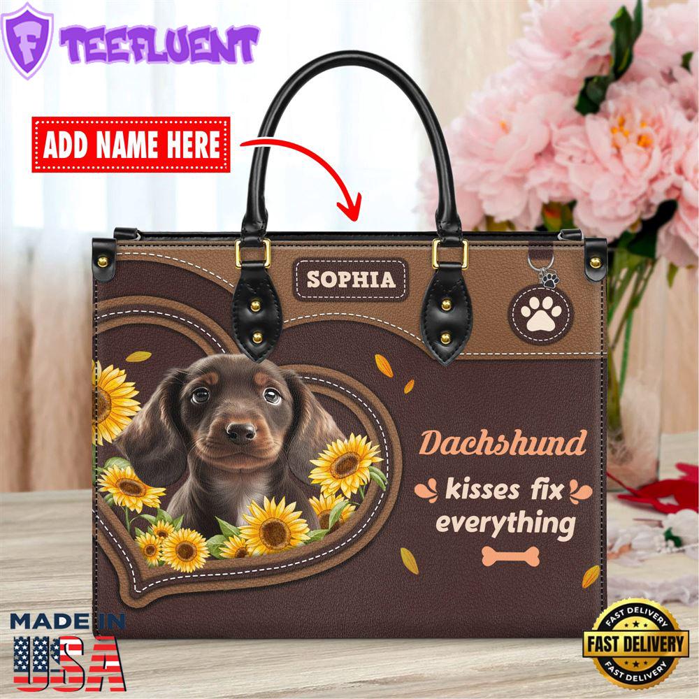 Dachshund Dog Kisses Fix Everything Leather Handbag