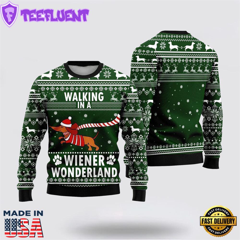 Dachshund Dog Walking In A Wiener Wonderland Ugly Christmas Sweater For Men And Women