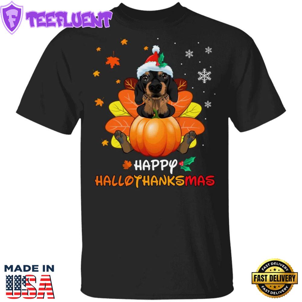 Dachshund Happy Hallothanksmas With Pumpkin T-Shirt Thanksgiving Gifts For Dachshund Lovers