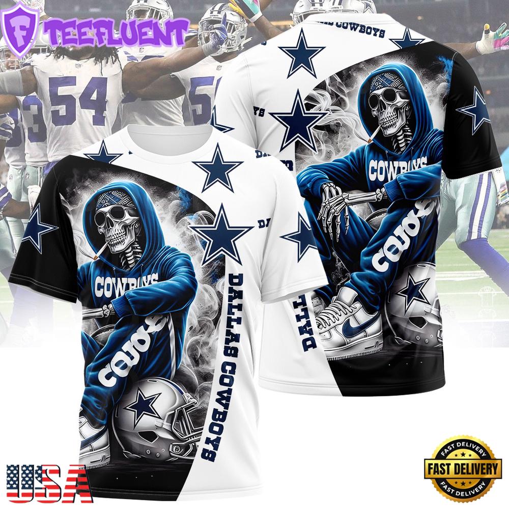 Dallas Cowboys Skull All Over Print T-Shirt For Fans