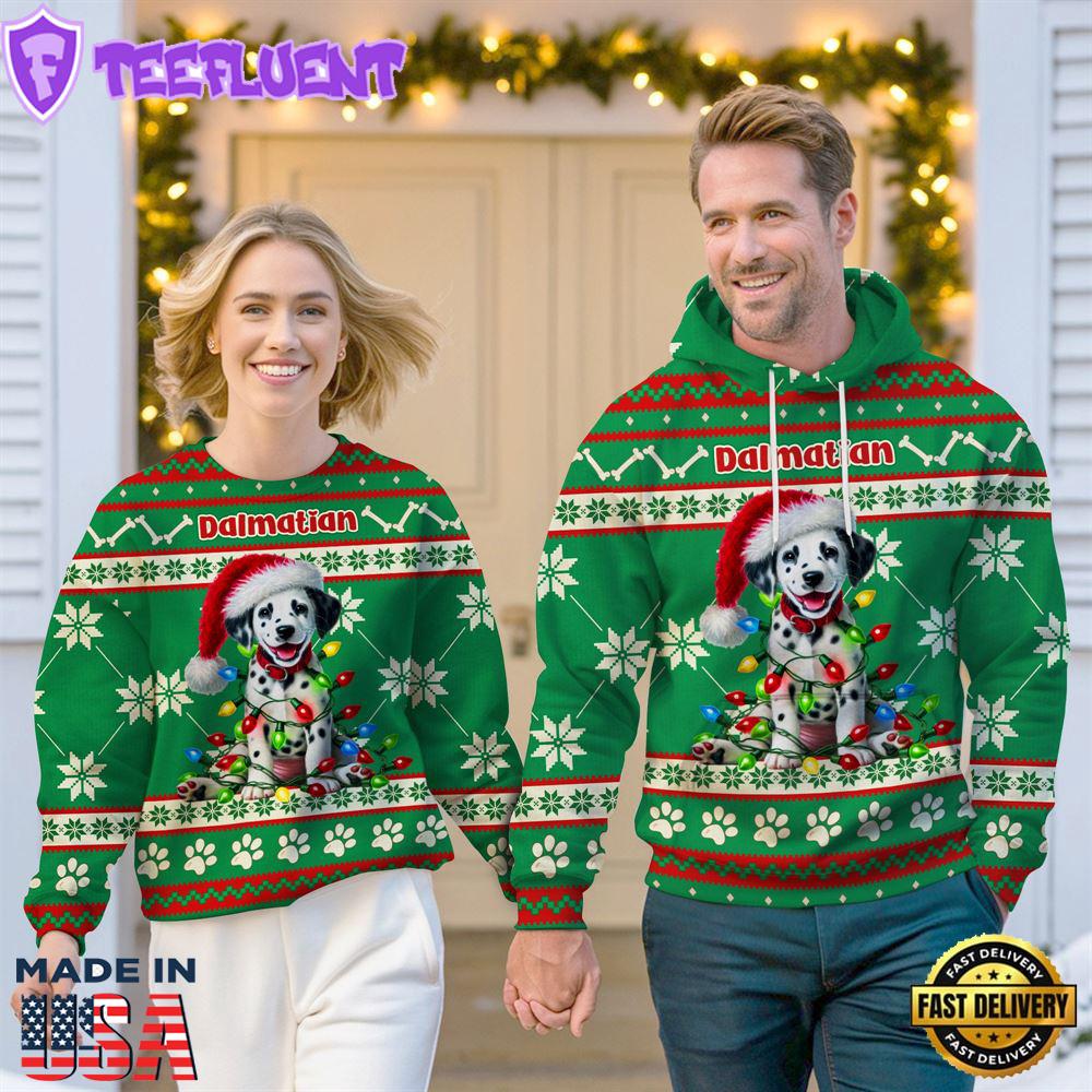 Dalmatian Dog Cheer with Santa Hat Christmas Sweatshirt And Hoodie Green