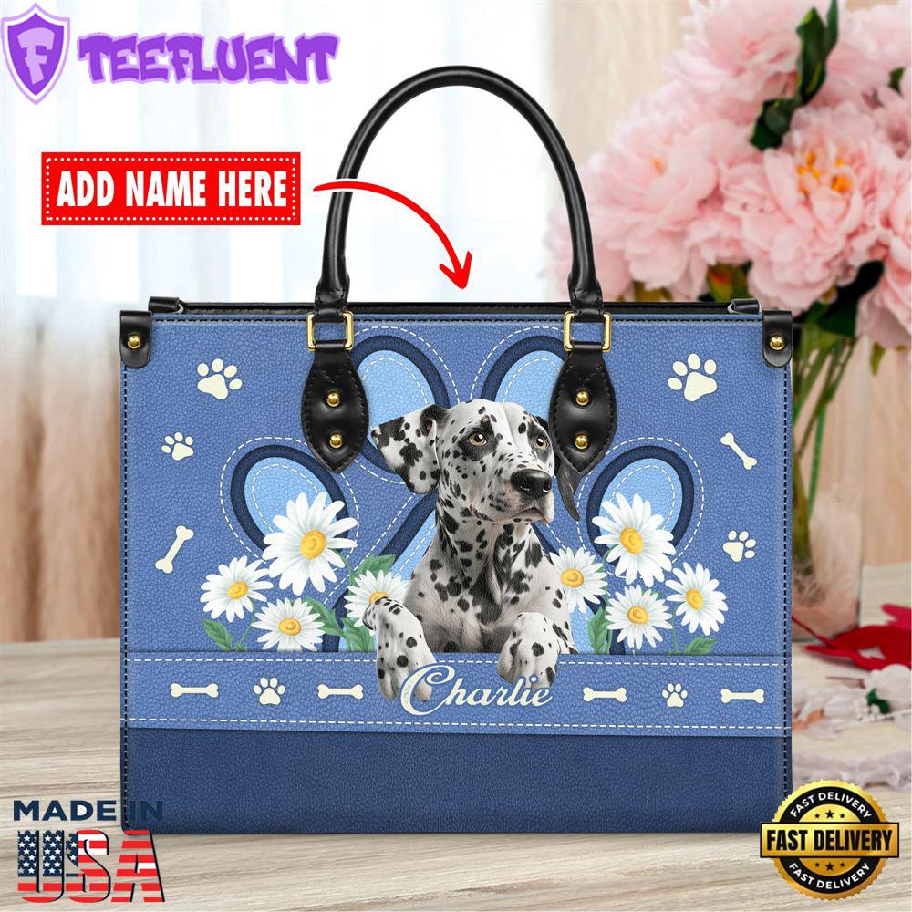 Dalmatian Dog Lover Leather Bag With Daisy Flowers