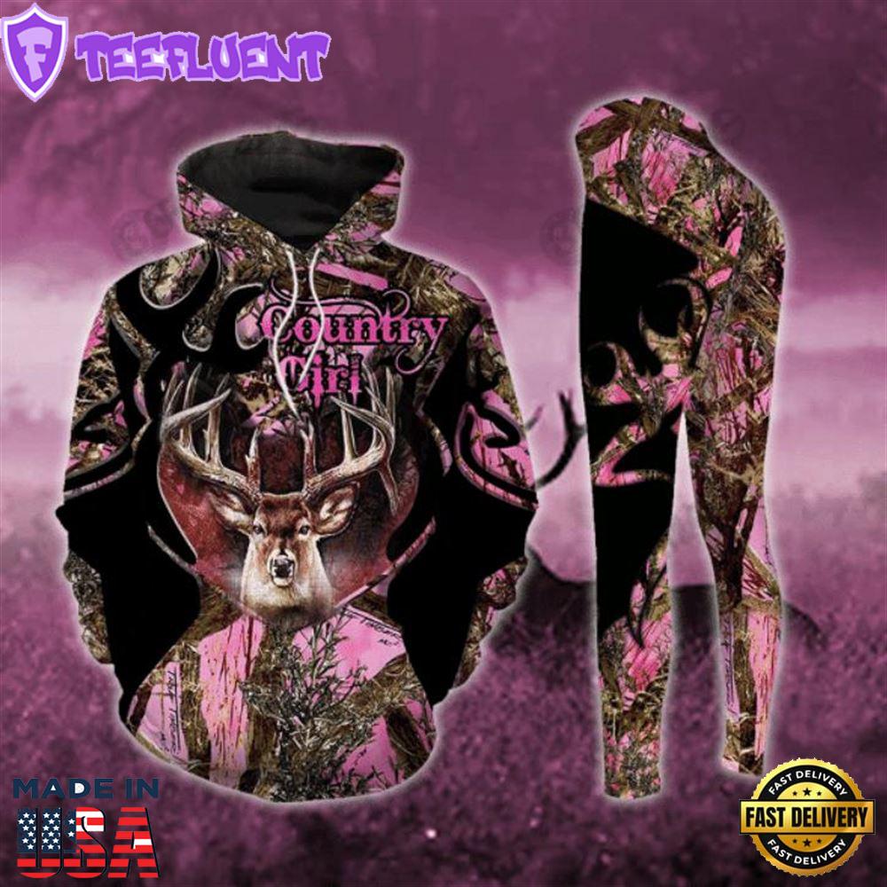 Deer Country Girl Hot Pink All Over Print Leggings Hoodie Set Outfit For Women Gift Xmas