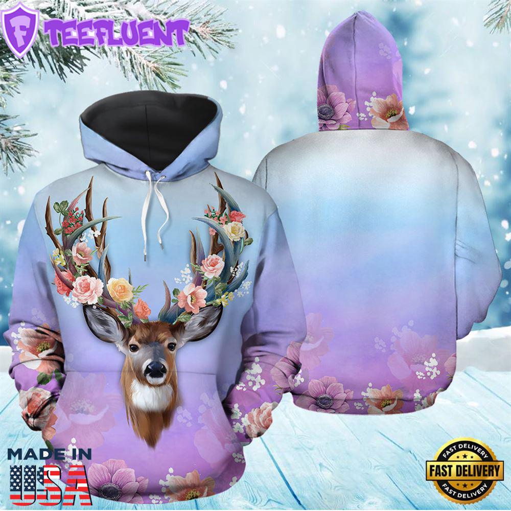 Deer Flowers Christmas Hoodie All Over Print - Gift Lover Pet Deer Flowers Christmas Hoodie All Over Print - Gift Lover Pet