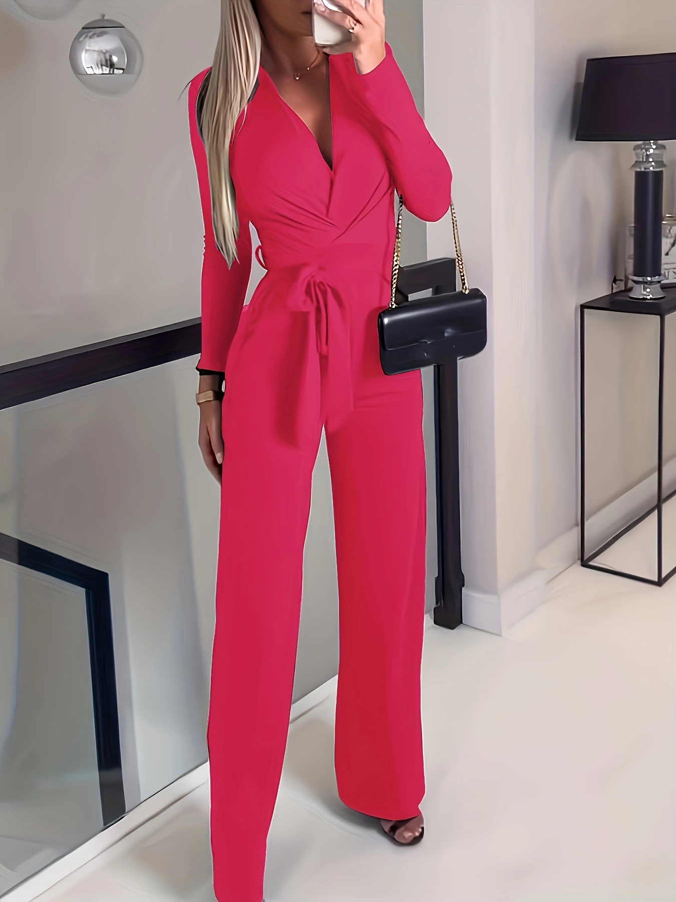 Women's Solid V-neck Bow Tie Waist Slimming Fashion Jumpsuit 1 df101cc3 6744 41a5 9c24 2b9af81bed00.jpg